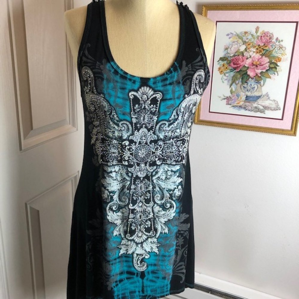 Tunic Length Tank Top with Fleur Scrollwork and Beading